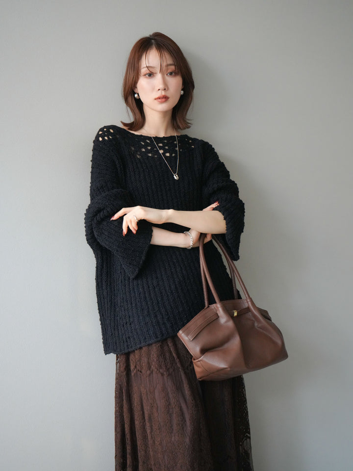 [予約]ボートネック透かし編みニットプルオーバー/navy