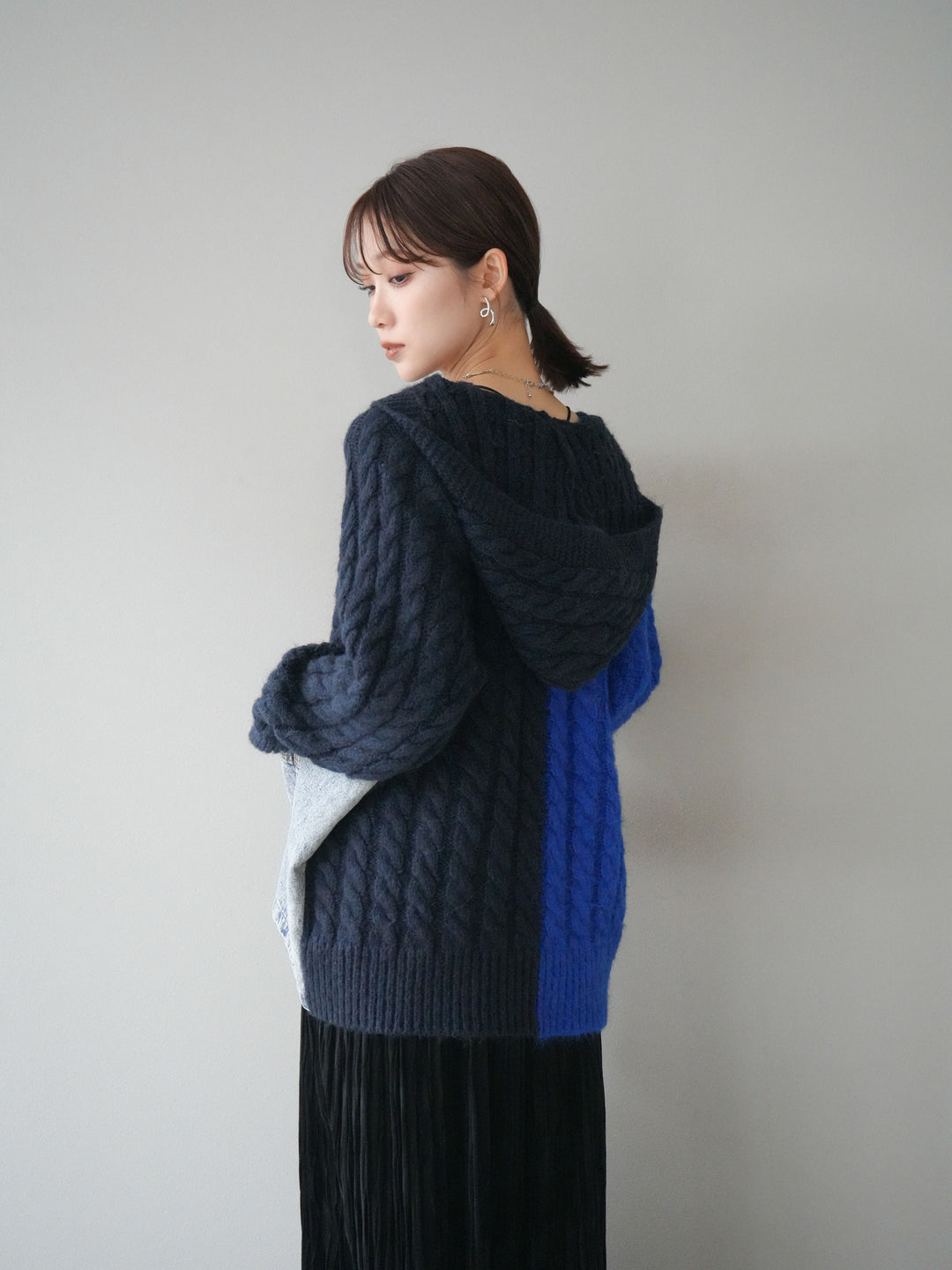 [予約]デニム×バイカラーニットZIPフーディ/blue