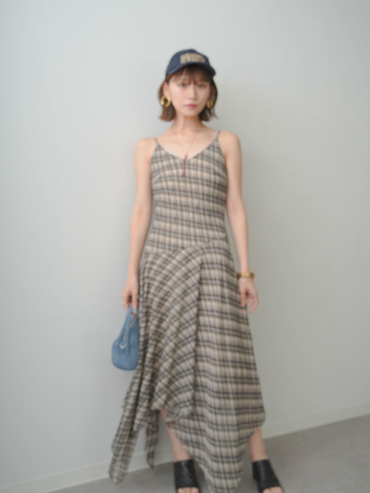 【套裝】格紋不對稱吊帶連身裙 + 格紋不對稱吊帶連身裙（兩件套）