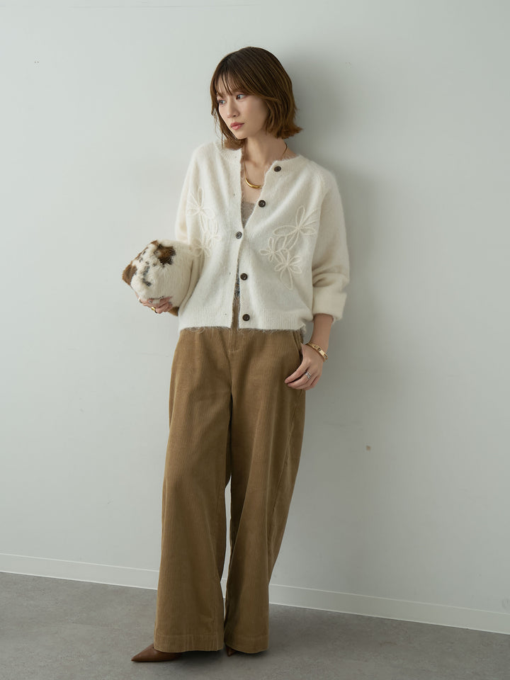 [SET]フラワーエンブロイダリーカーディガン+ベルト付コーディロイワイドストレートパンツ(2set)