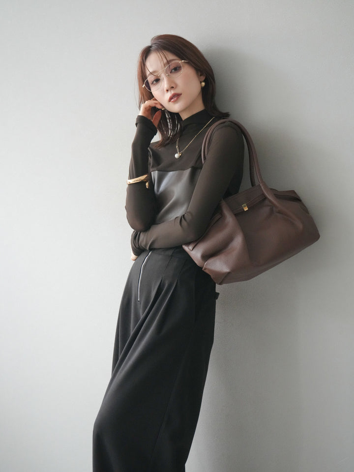 [予約]レザー切替プチネックシアートップス/khaki