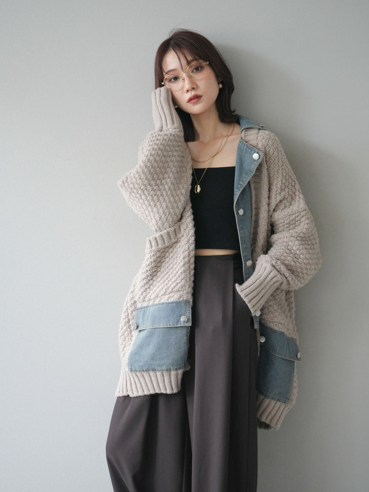 [SET]デニム襟レイヤードニットジャケット+デニム襟レイヤードニットジャケット(2set)