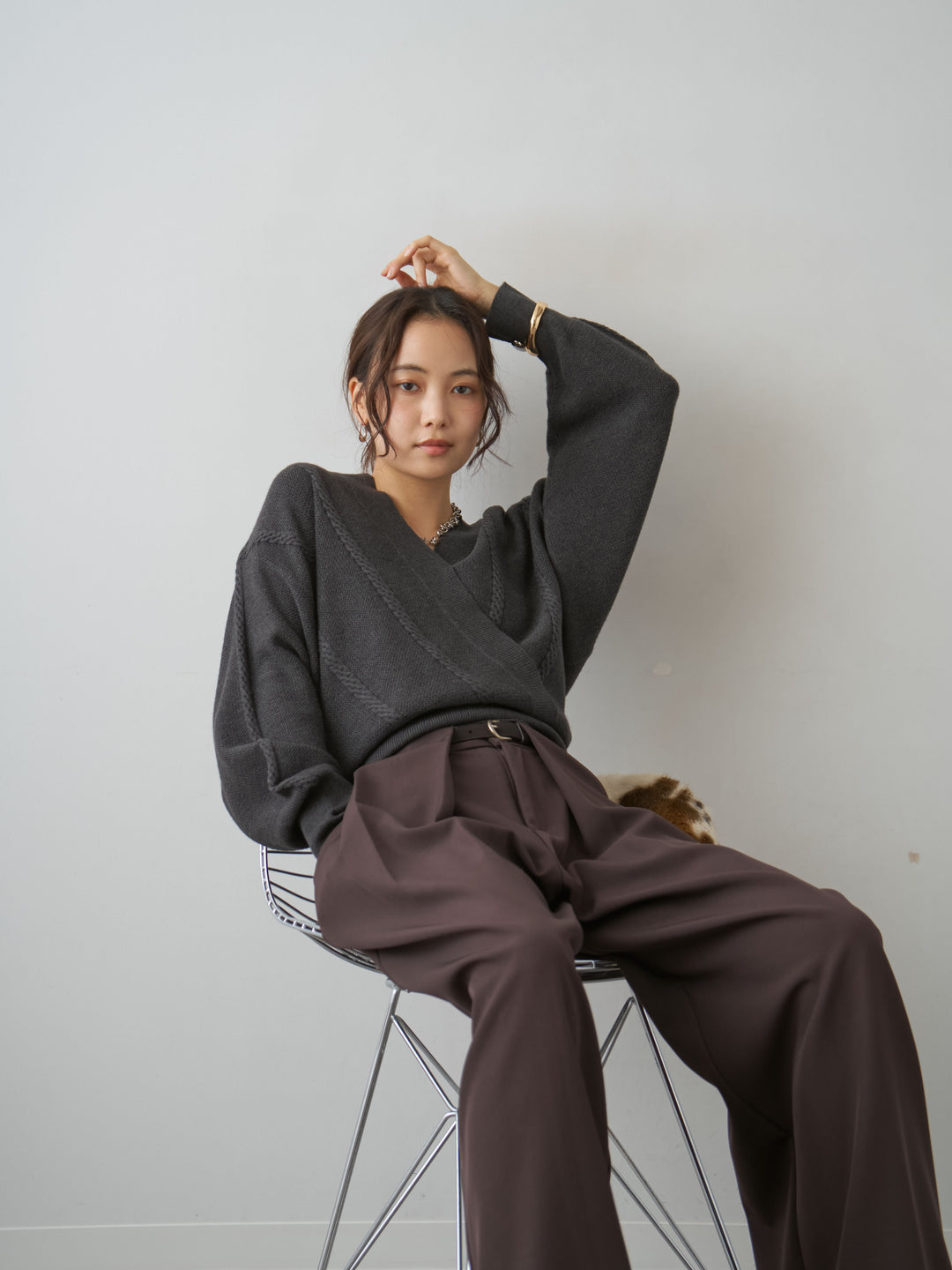 [SET]カシュクールミックスケーブルニットトップス+選べるアクセセット(2set)