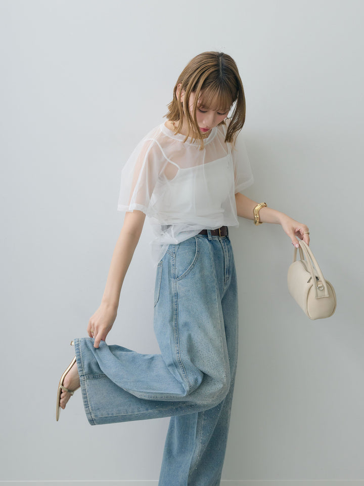 [SET]インナーキャミ付シアーオーバーTEE+フロントビジューカーブデニムパンツ(2set)