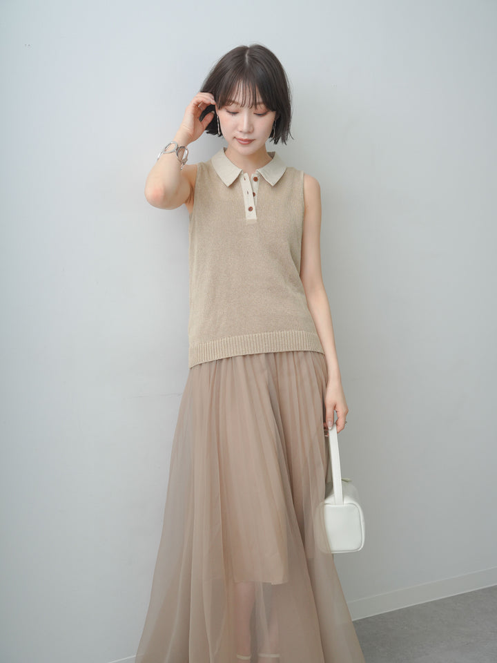 [予約]ポロカラーシアーノースリニットトップス/beige