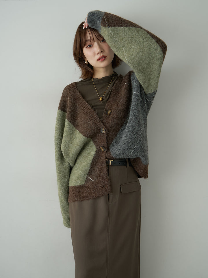 [予約]アーガイルオーバーニットカーディガン/green