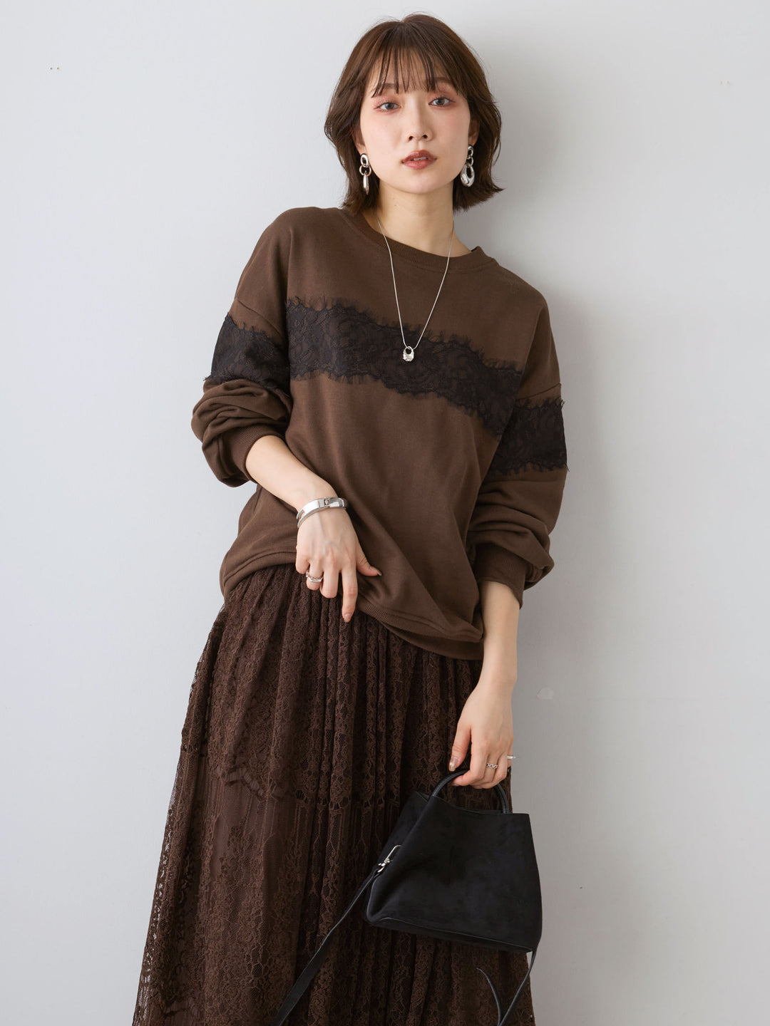 [予約]裏毛レースドッキングプルオーバー/brown
