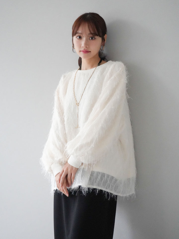 【預購】流蘇薄紗多層抓絨套頭衫/象牙色
