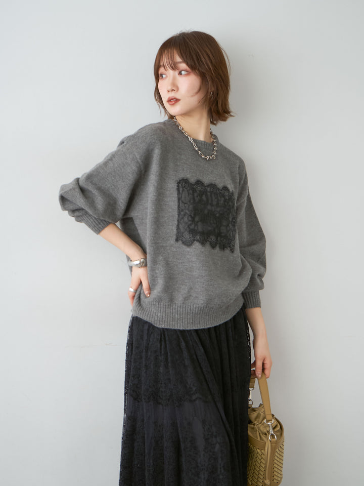[SET]アルパカタッチ刺繍レースロゴニットプルオーバー+ベロアレースドレープフレアスカート(2set)