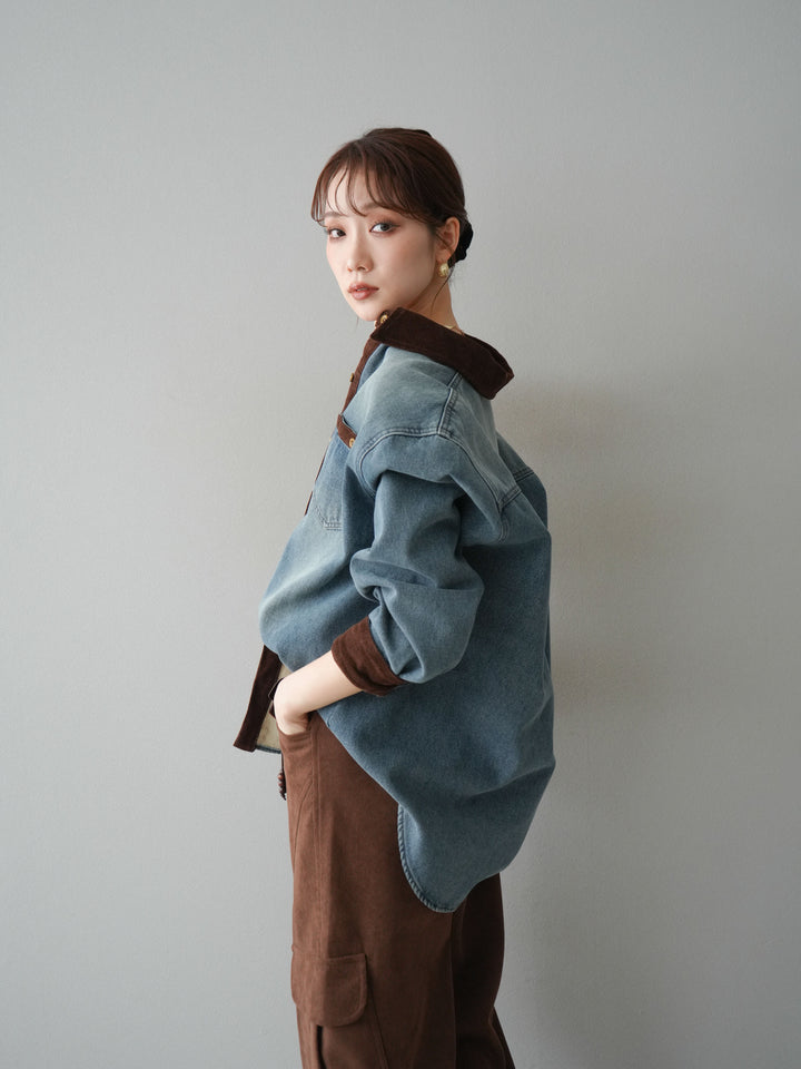 [予約]裏起毛コーデュロイ襟デニムシャツジャケット/ blue