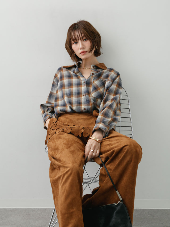 [SET]チェックオーバーシャツ+スウェードタッチカットワークワイドパンツ(2set)