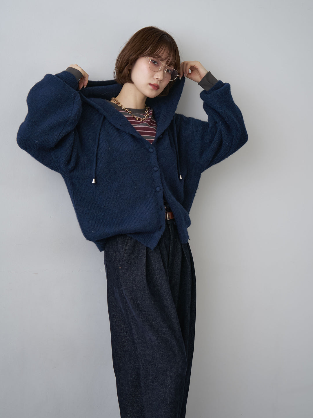 [SET]アルパカタッチソフトリブフードニットトップス+マルチボーダーロンTEE(2set)