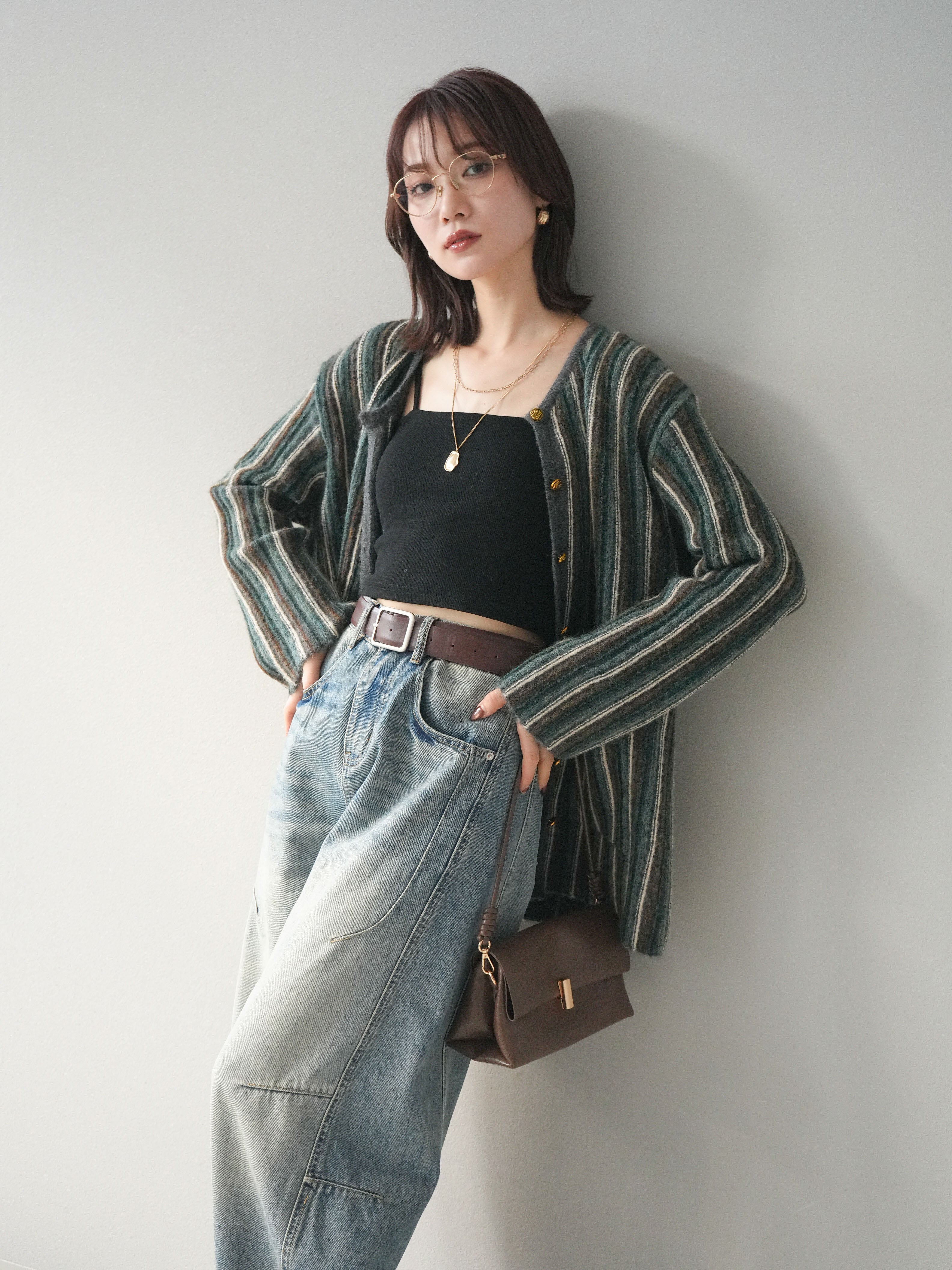 予約]アンティークボタンストライプニットカーディガン/charcoal – Lumier