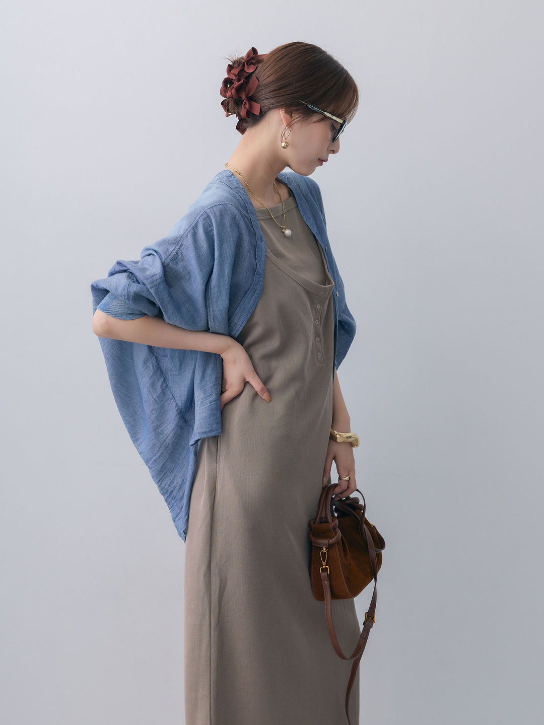 【套裝】雙面無袖連身裙&吊帶背心套裝（2套）+透視蝙蝠袖牛仔襯衫（2件）