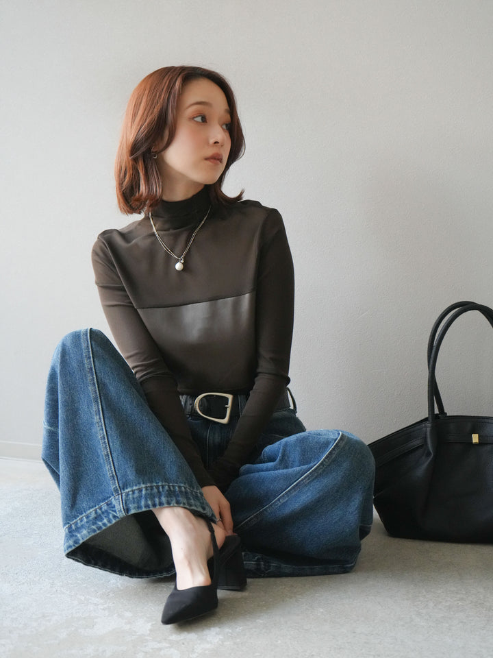 [予約]レザー切替プチネックシアートップス/khaki