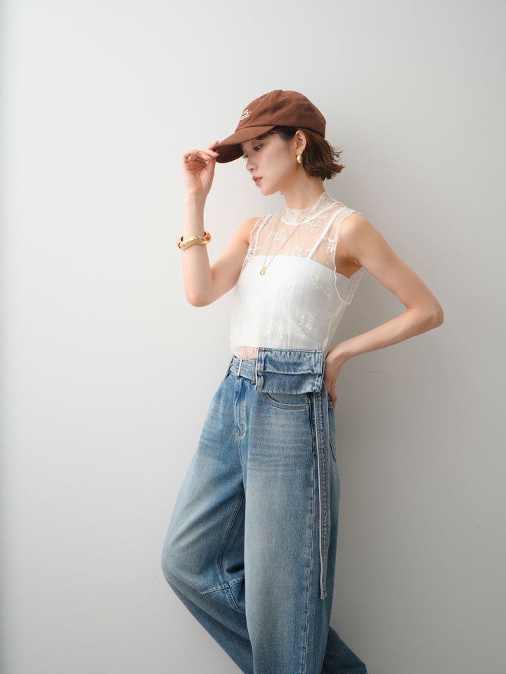 [SET]シースルーストレッチレースノースリトップス+デニムポーチ付ニータックワイドデニムパンツ(2set)