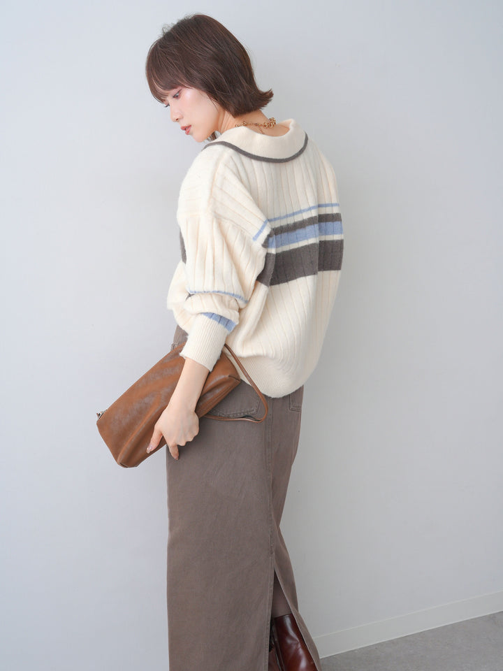 [予約]マルチボーダー起毛スキッパーニットトップス/ivory