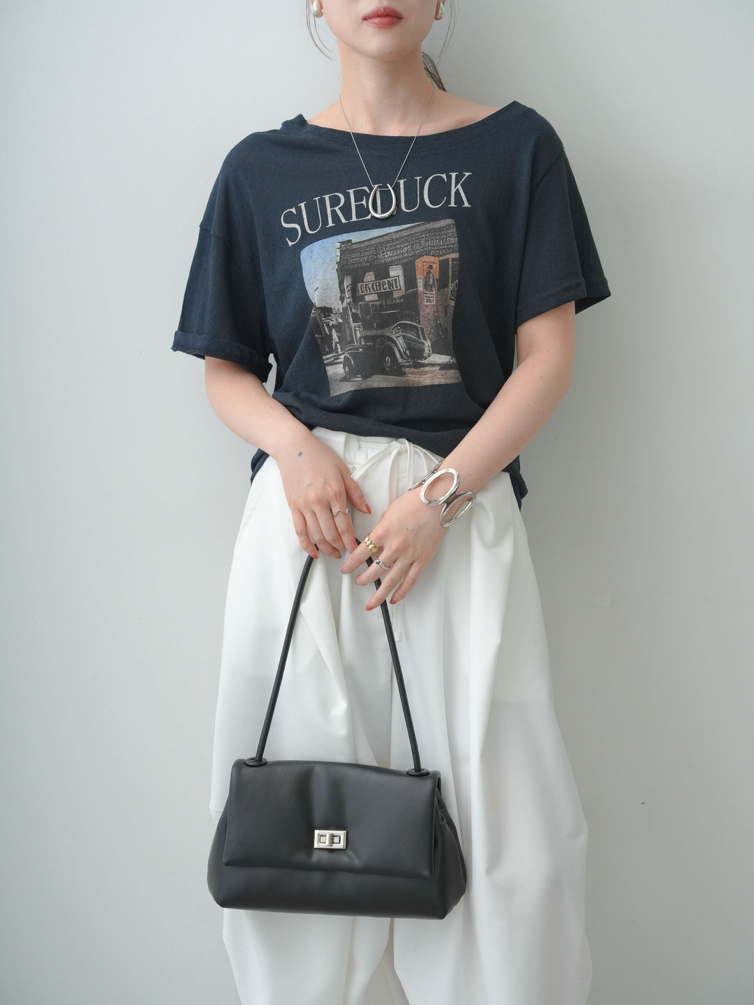[SET]ワイドネックプリントTEE+ベルトループカーブタックワイドパンツ(2set)