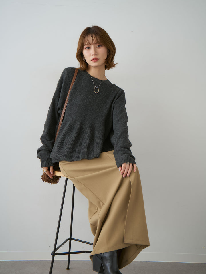 [SET]ペプラムニットプルオーバー+クレープデシンフラップ付きストレートスカート(2set)