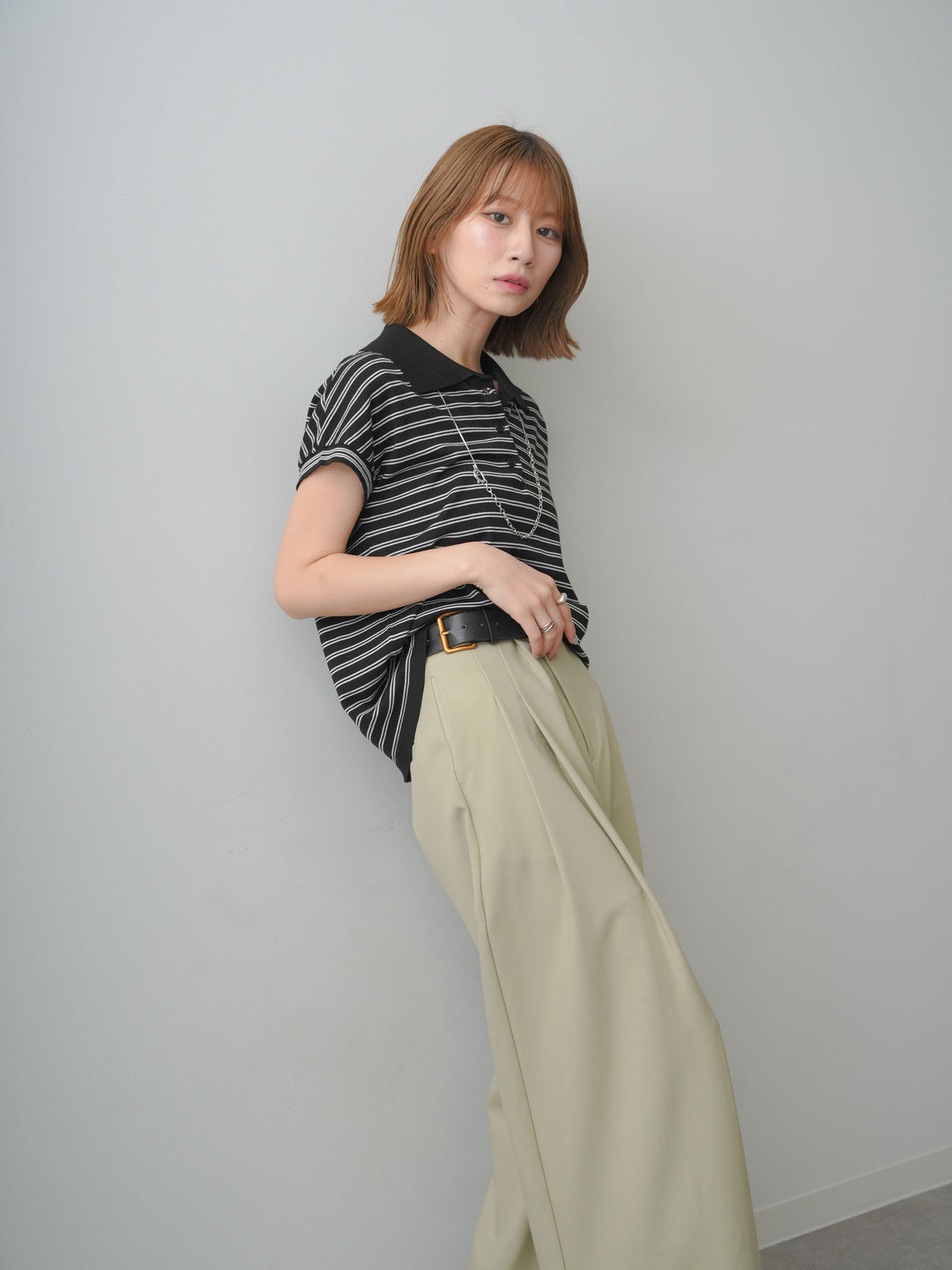 [予約]ポロニットボーダートップス/black
