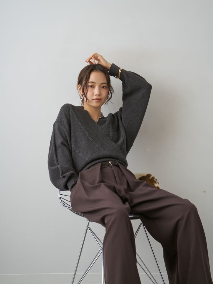 [SET]カシュクールミックスケーブルニットトップス+ベルトループデザインワイドパンツ(2set)