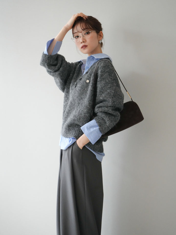 [予約]ストライプシャツドッキングMIXヤーンニットプルオーバー/charcoal