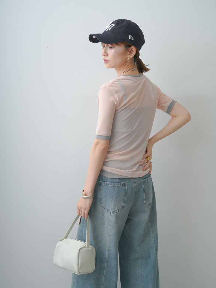 [SET]トリムレイヤードシアー半袖トップス+フロントビジューカーブデニムパンツ(2set)