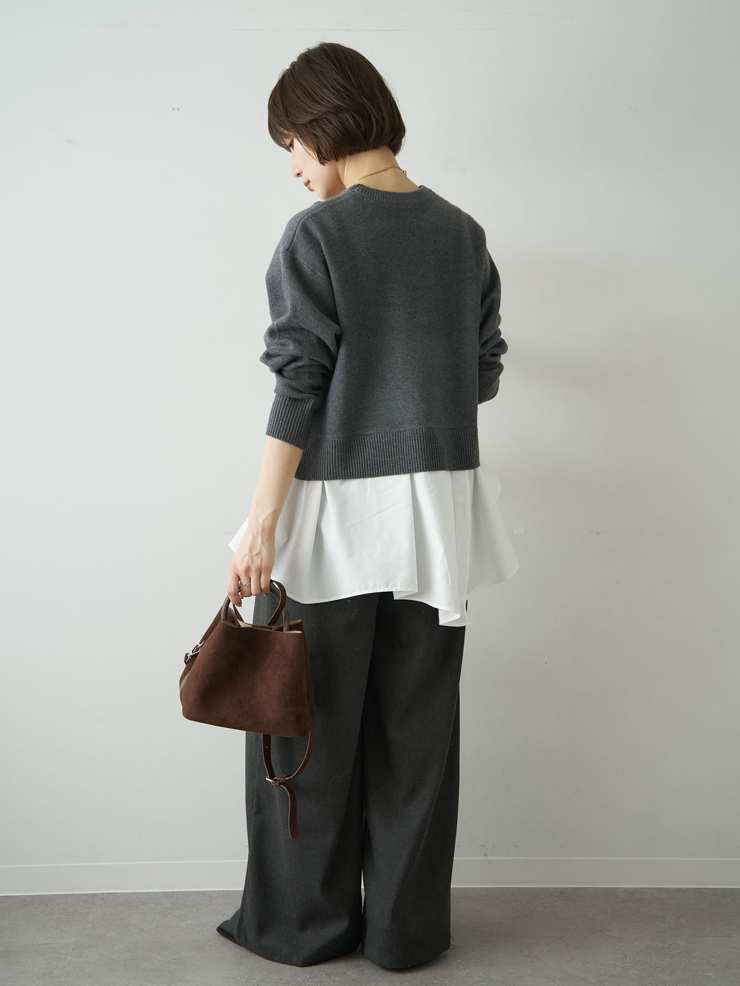 [SET]アシンメトリーシャツレイヤードニットプルオーバー+ダブルタックドレープストレートワイドパンツ(2set)