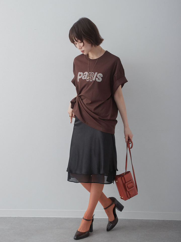 [SET]スタッズロゴTEE+サテンシフォンレイヤードスカート(2set)