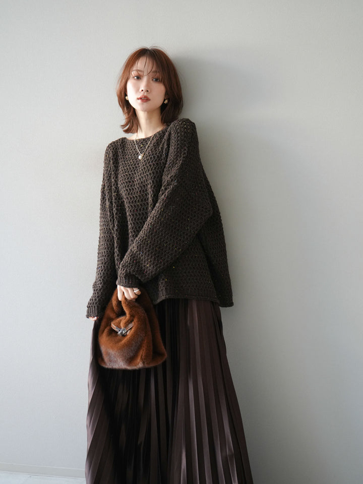 [予約]ネップ透かし編みオーバーニット/brown