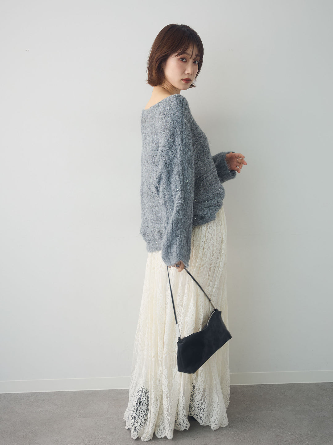 [SET]ミックス透かし編ワイドネックニットトップス+ベロアレースドレープフレアスカート(2set)