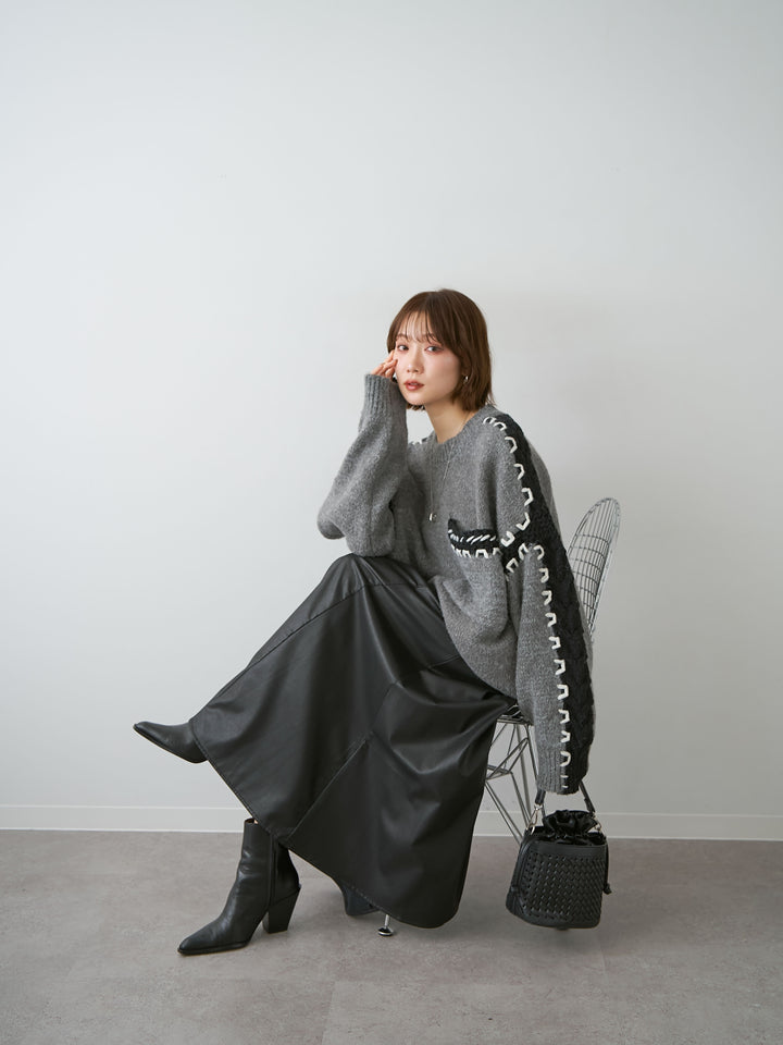 [SET]ハンドステッチデザインニットトップス+選べるアクセセット(2set)