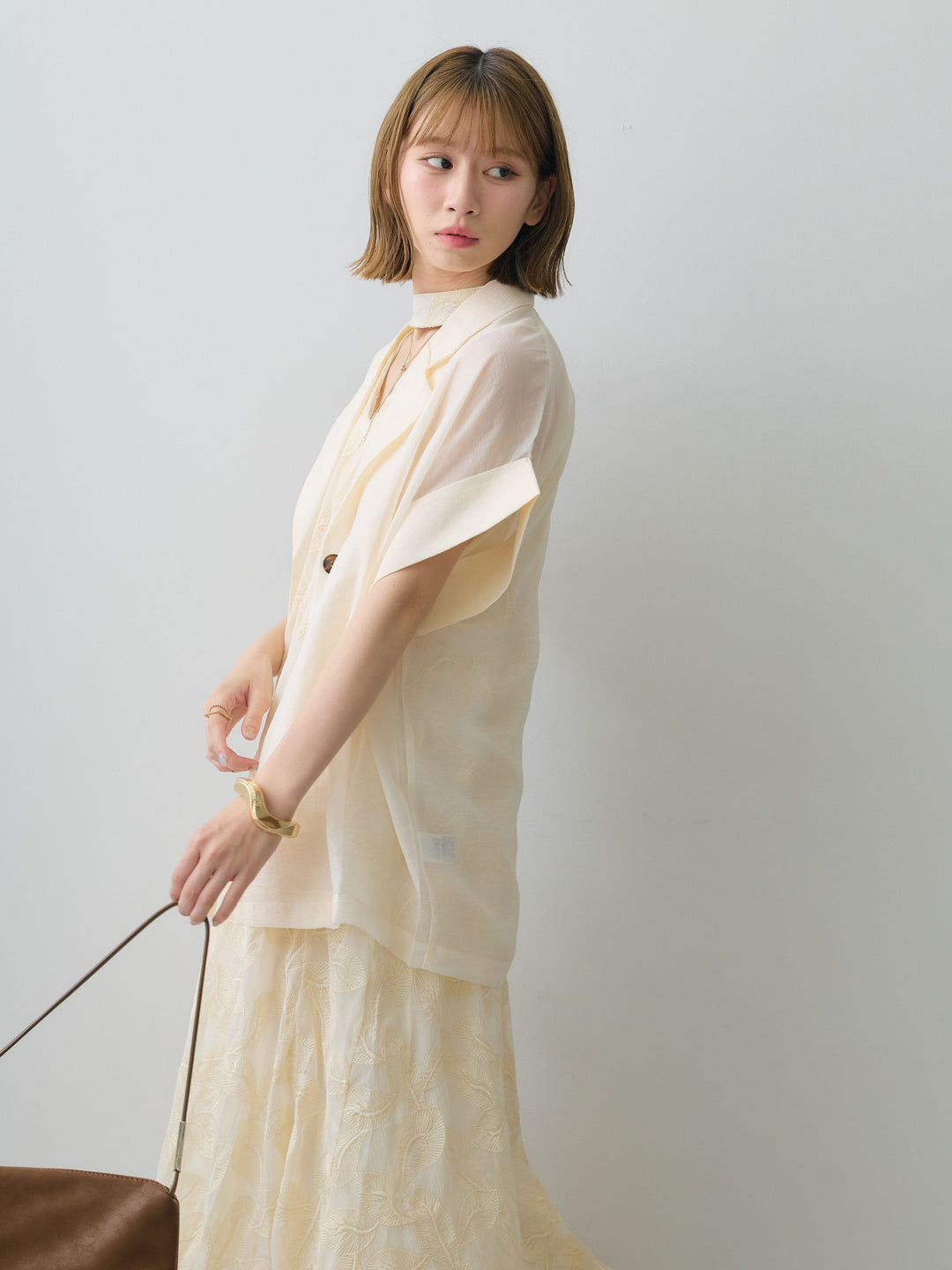 【套裝】葉子刺繡吊帶洋裝+透視寬鬆短袖外套（兩件套）