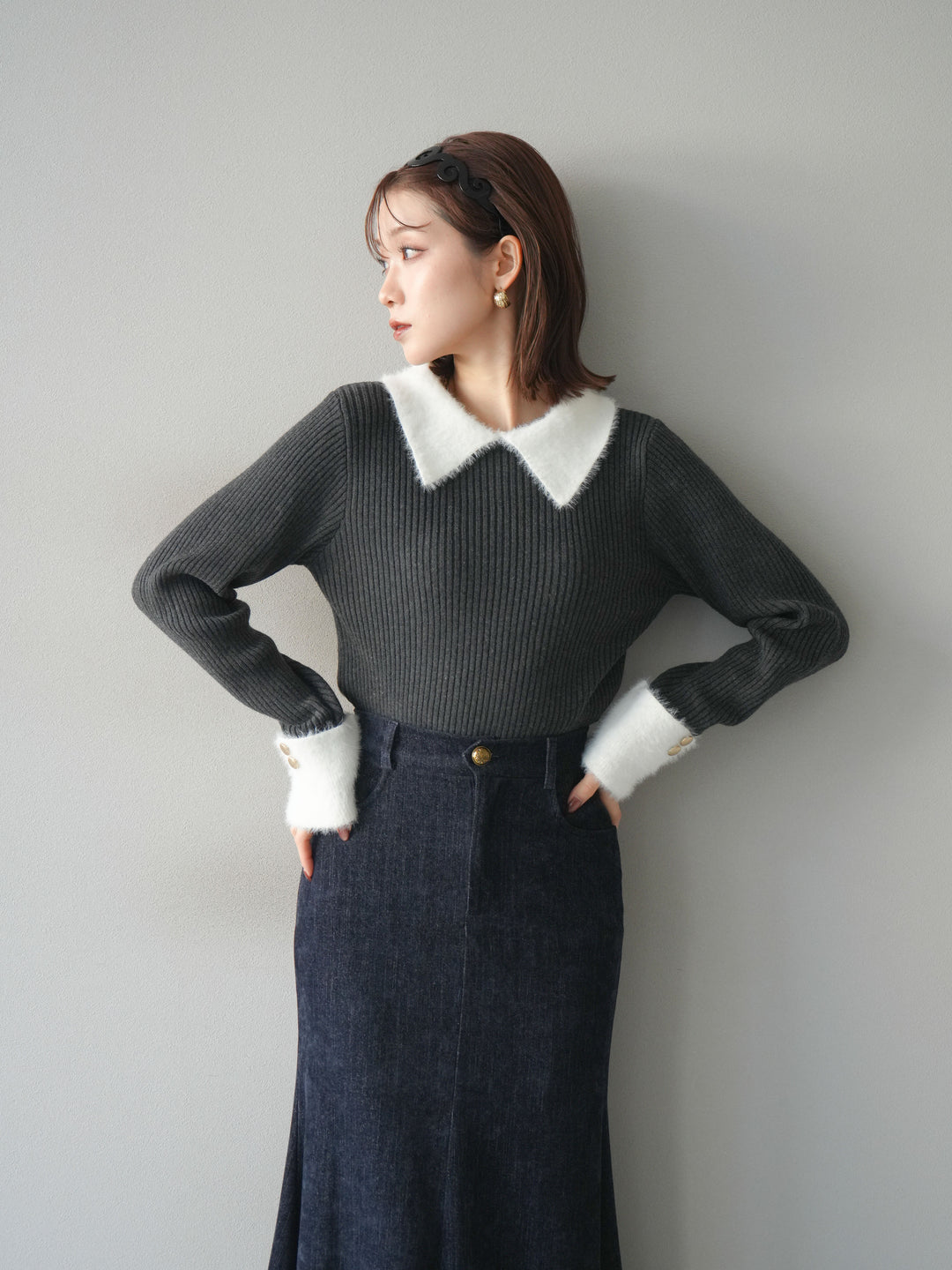 [SET]シャギー襟リブニットトップス+ベルベットマーメイドスカート(2set)