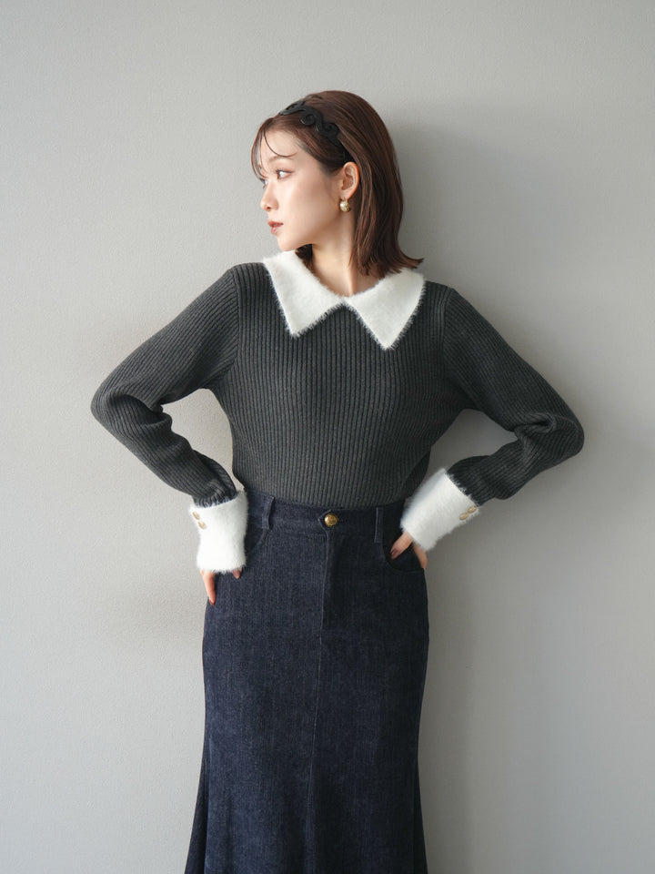 [SET]シャギー襟リブニットトップス+ベルベットマーメイドスカート(2set)