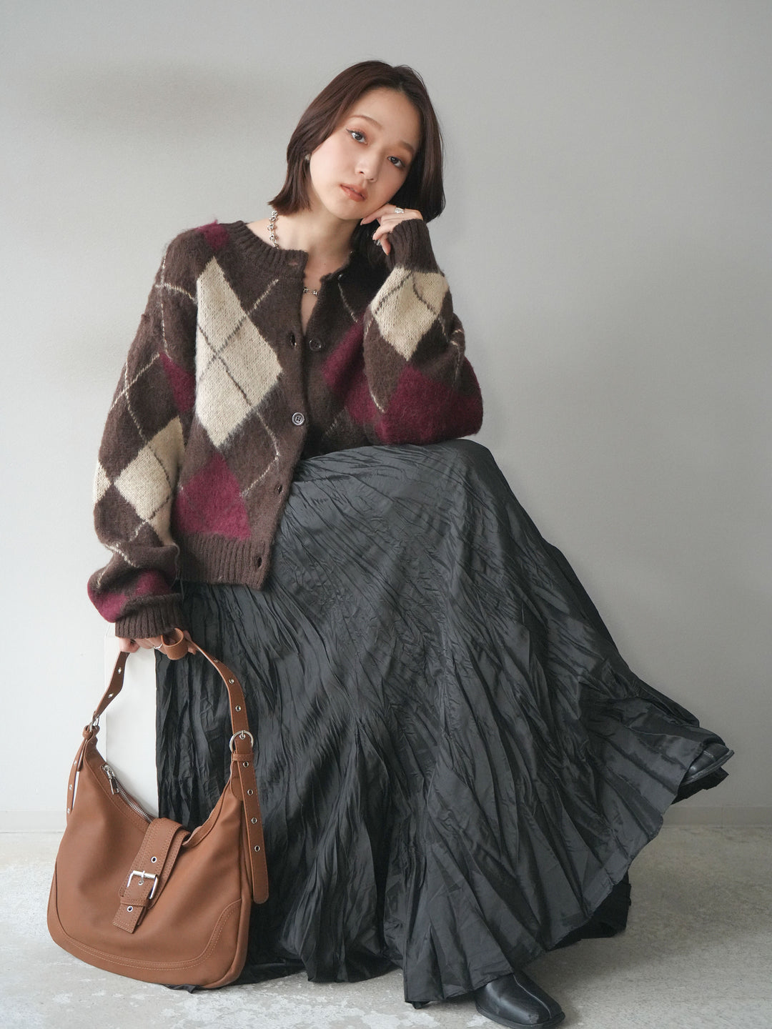 [予約]モヘアタッチアーガイルニットカーディガン/brown