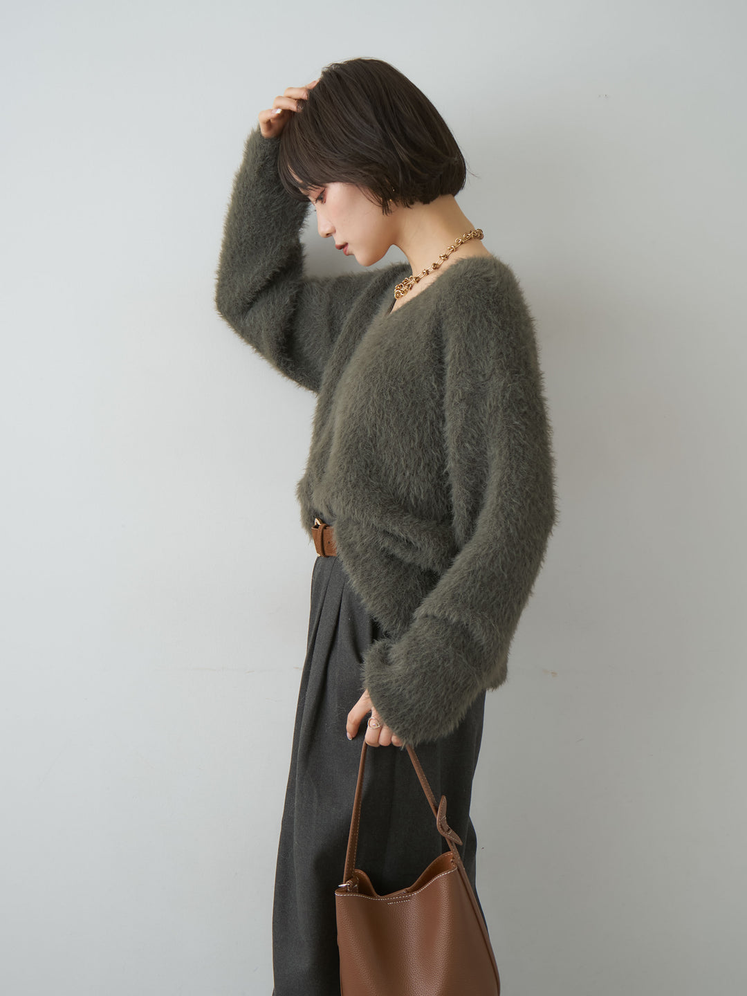 [予約]シャギーVネックニットトップス/khaki