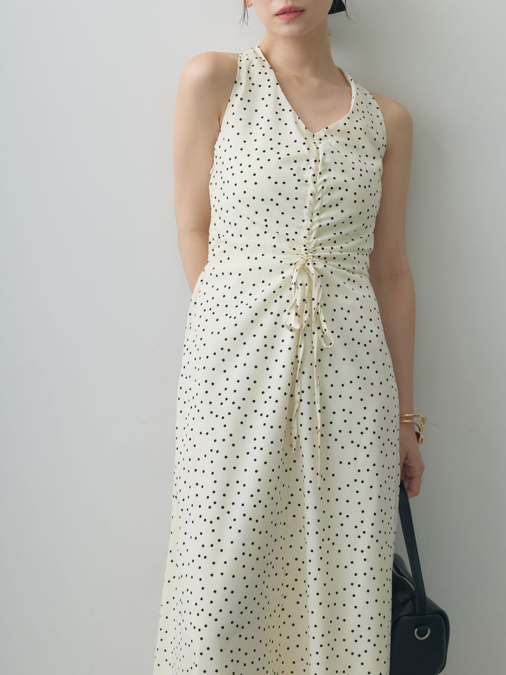 [予約]ホルターネックドット柄シャーリングデザインワンピース/ivory
