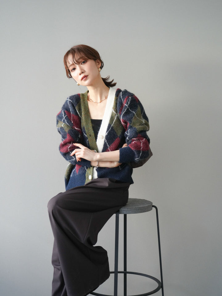 [予約]配色アーガイル柄ニットカーディガン/green