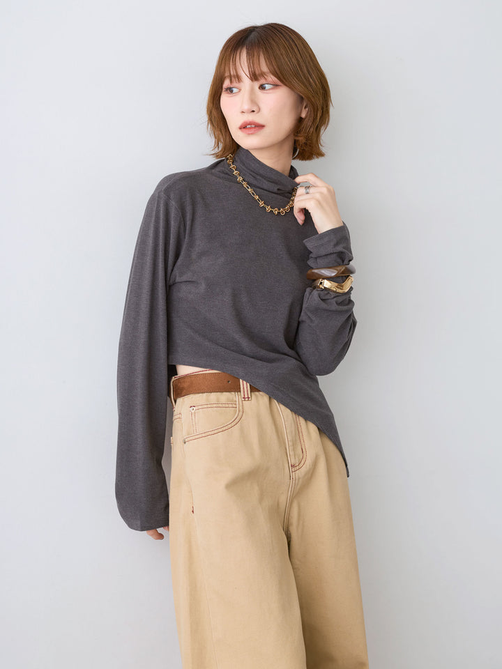 [SET]モックネックアシメヘムトップス+カラーステッチワイドパンツ(2set)