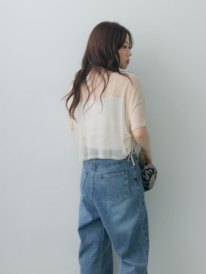 【套裝】亮片透視側褶設計上衣 + 淺色水洗弧形牛仔褲（兩件套）