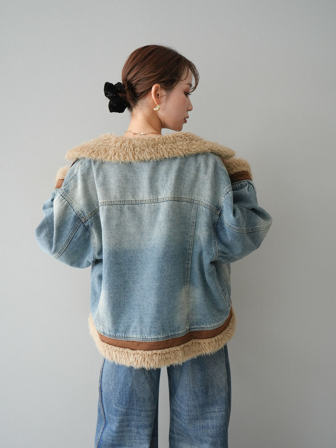 [予約]スタンドカラーファー×デニムジャケット/lightblue