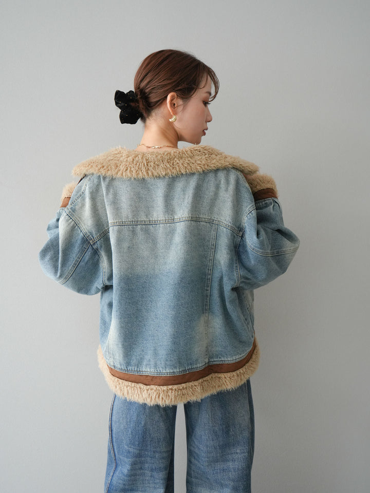 [予約]スタンドカラーファー×デニムジャケット/lightblue