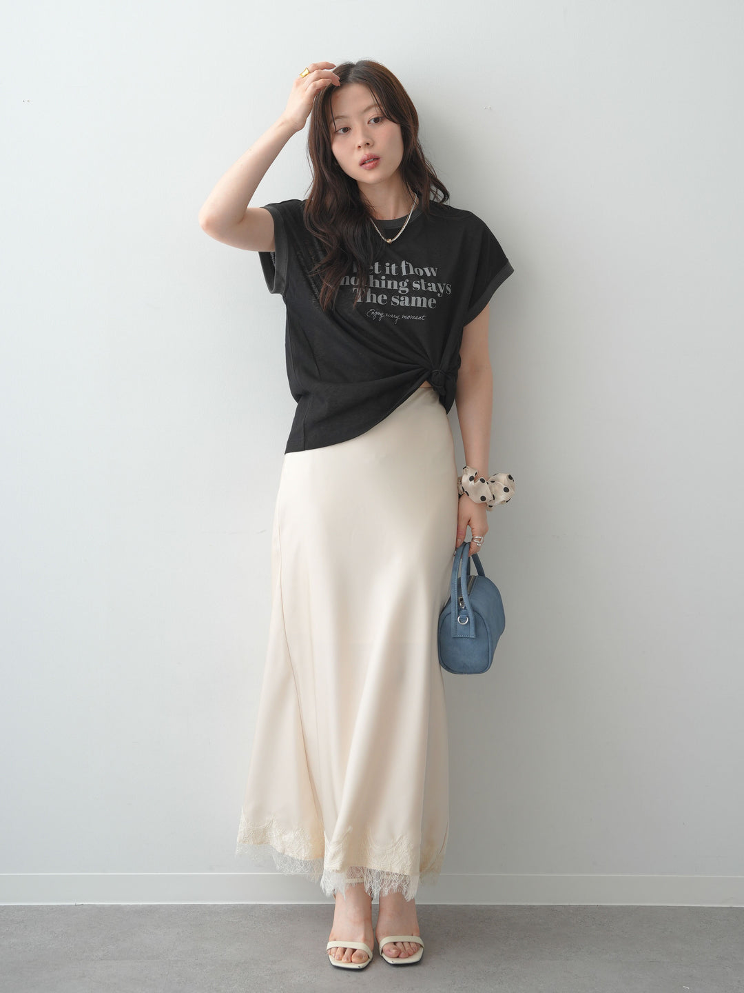 [SET]シアースラブバイカラーフレンチTEE+レースヘムサテンIラインスカート(2set)