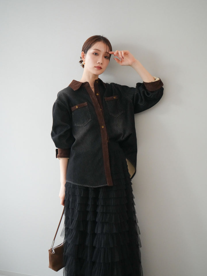 [予約]裏起毛コーデュロイ襟デニムシャツジャケット/black