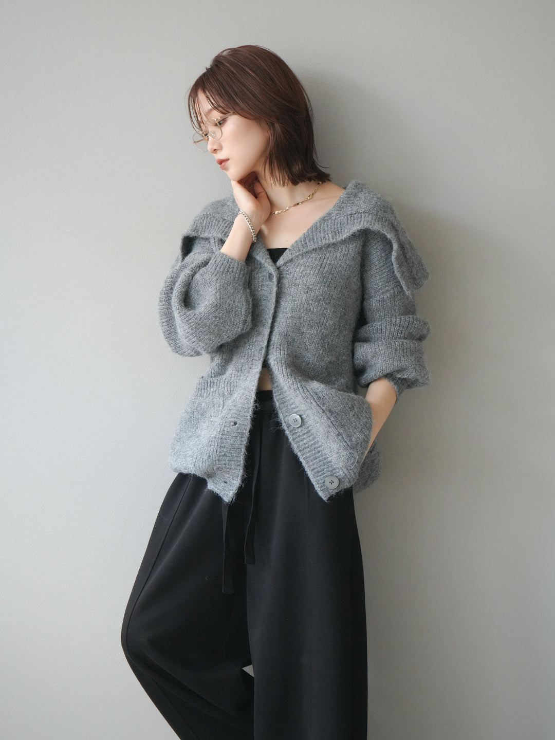 [予約]襟付きボタンオーバーニットカーディガン/gray