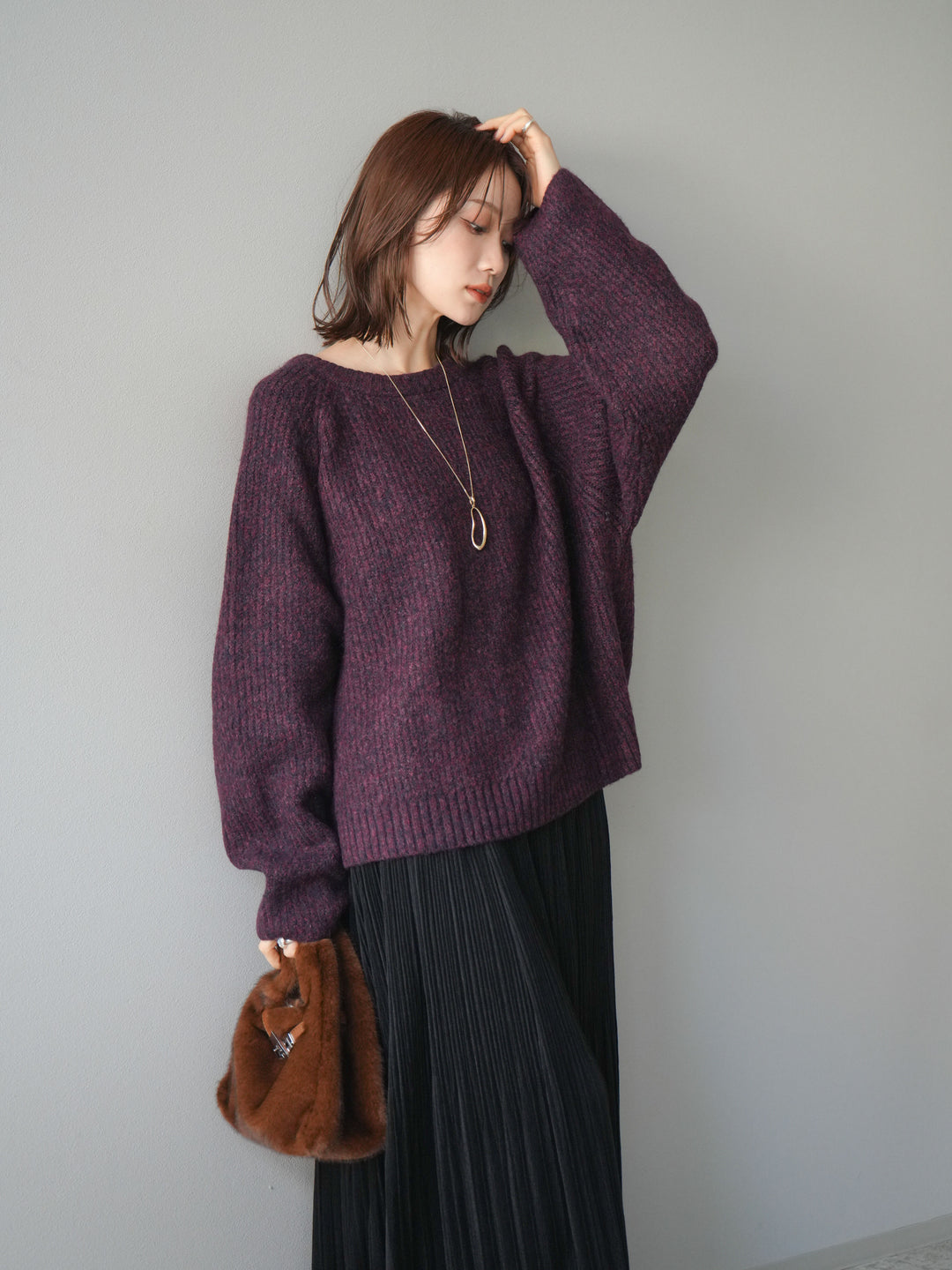 [予約]クルーネック畦編みミックスニット/bordeaux