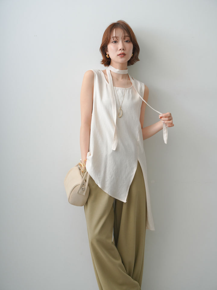 [SET]タイ付アシメヘムノースリトップス+リラックスドレープスウェットパンツ(2set)
