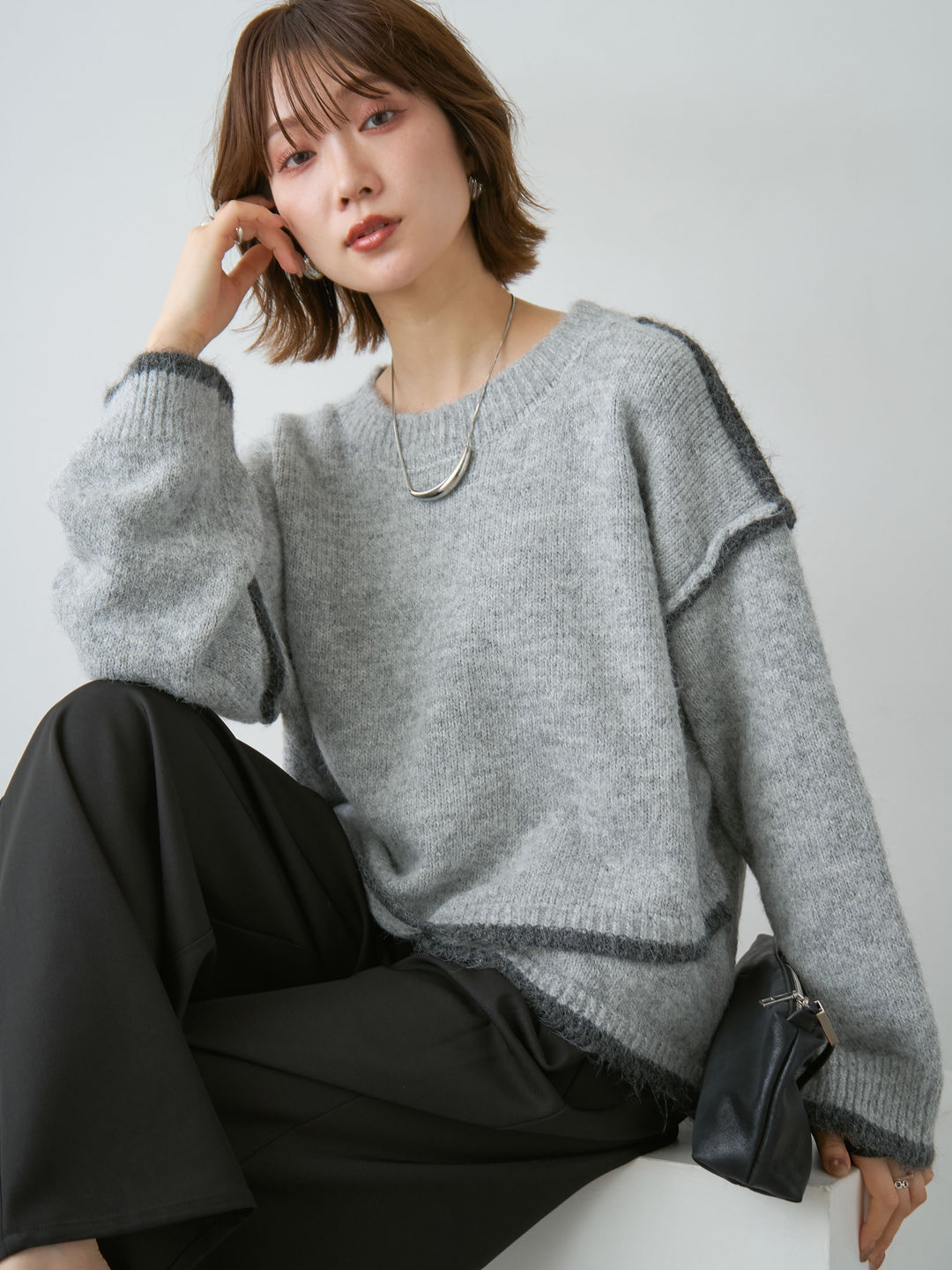 [SET]配色ラインデザインヘムニットプルオーバー+ツイルタックワイドパンツ(2set)