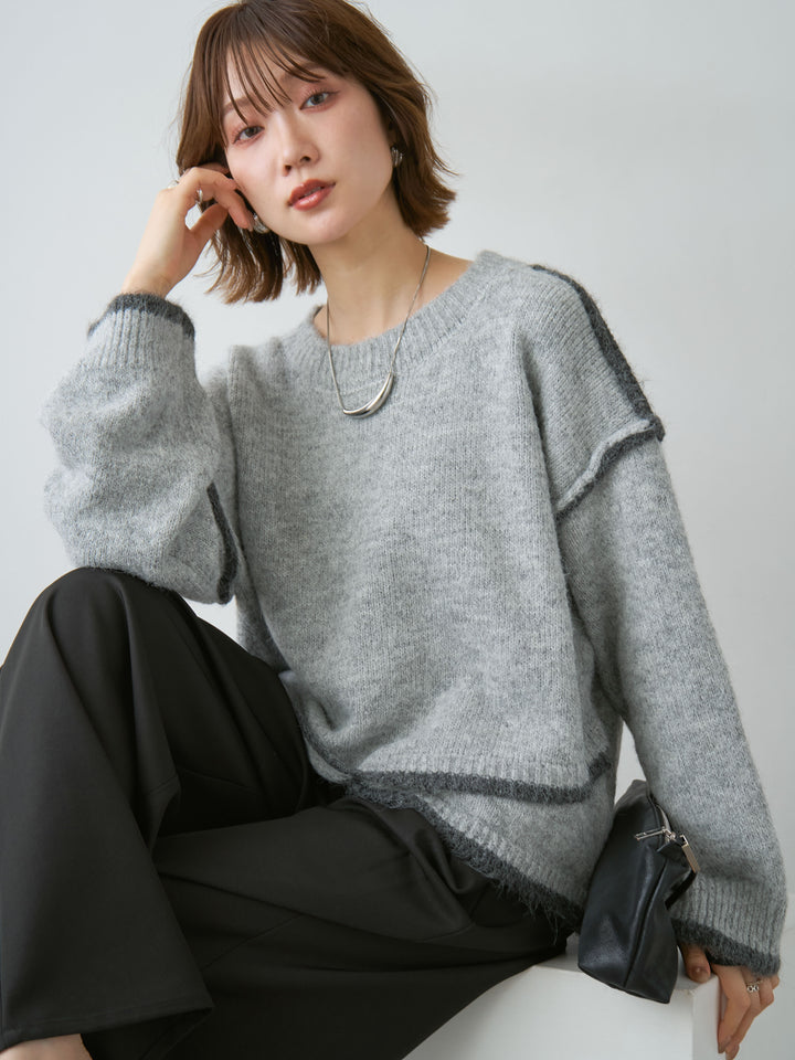 [SET]配色ラインデザインヘムニットプルオーバー+ツイルタックワイドパンツ(2set)